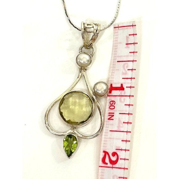Women’s Pendant Necklace Italy Peridot Pearl S925 Sterling Silver 18” Vintage - Picture 16 of 17